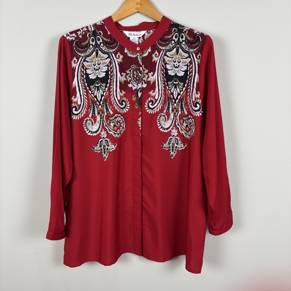 Ulla Popken Blouse Top Women 16/18 Red Scarf Print Paisley Button Up Long Sleeve